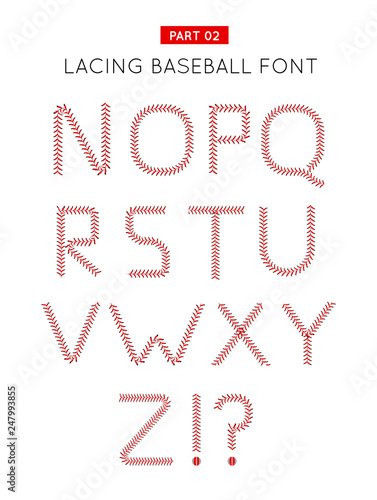Baseball font made from baseball ball lacing along the contours of the letters. Vector illustration on white background. Part 02
