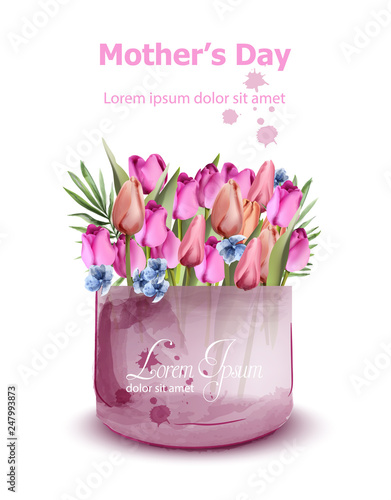 Mothers day tulips card Vector watercolor. Holiday fresh background. Spring c...