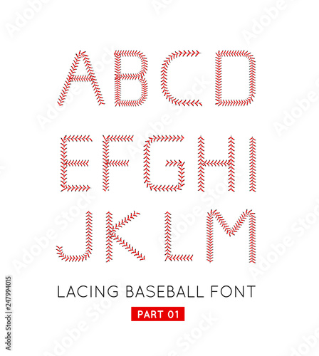 Baseball font made from baseball ball lacing along the contours of the letters. Vector illustration on white background. Part 01