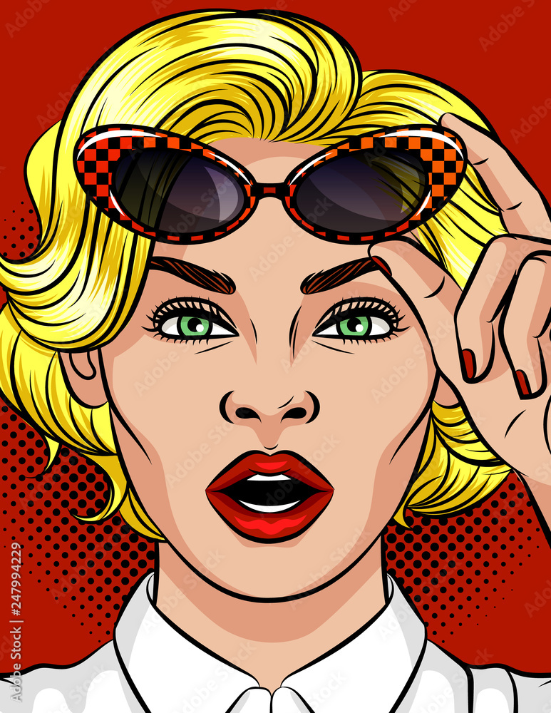 Color vector illustration of the girl opened her mouth in surprise. Poster in the style of pop art beautiful blonde girl. Girl holds vintage glasses. Emotional female face. Beautiful business woman
