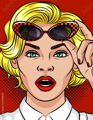 Color vector illustration of the girl opened her mouth in surprise. Poster in the style of pop art beautiful blonde girl. Girl holds vintage glasses. Emotional female face. Beautiful business woman