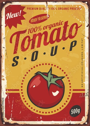 Dekoracja na wymiar  tomato-soup-vintage-metal-sign-image-with-juicy-red-tomato-and-creative-typography-promotional-food-ad-design-concept-vector-illustration-on-old-rusty-damaged-background