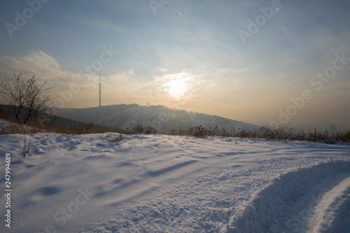 winter sunset mountain sun, panoramic landscape, Kazakhstan, Almaty