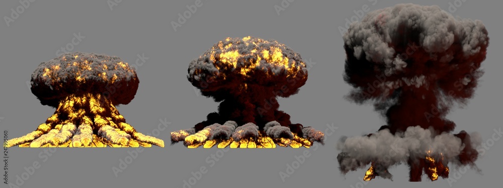 3D illustration of explosion - 3 large different phases fire mushroom cloud explosion of super bomb with smoke and flame isolated on grey background