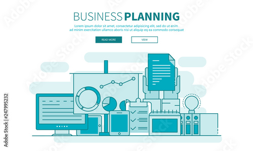 Vector flat concept of process social media business and marketing. Startup, business planning and results. Outline website banner