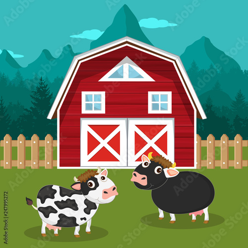 Cows in the farm scene. Concept for nature, country and healthy life and food. Organic food. Flat vector illustration