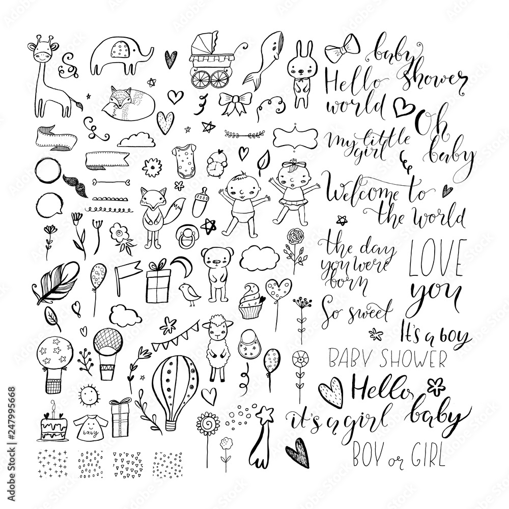 Set of hand drawn design elements for baby shower.