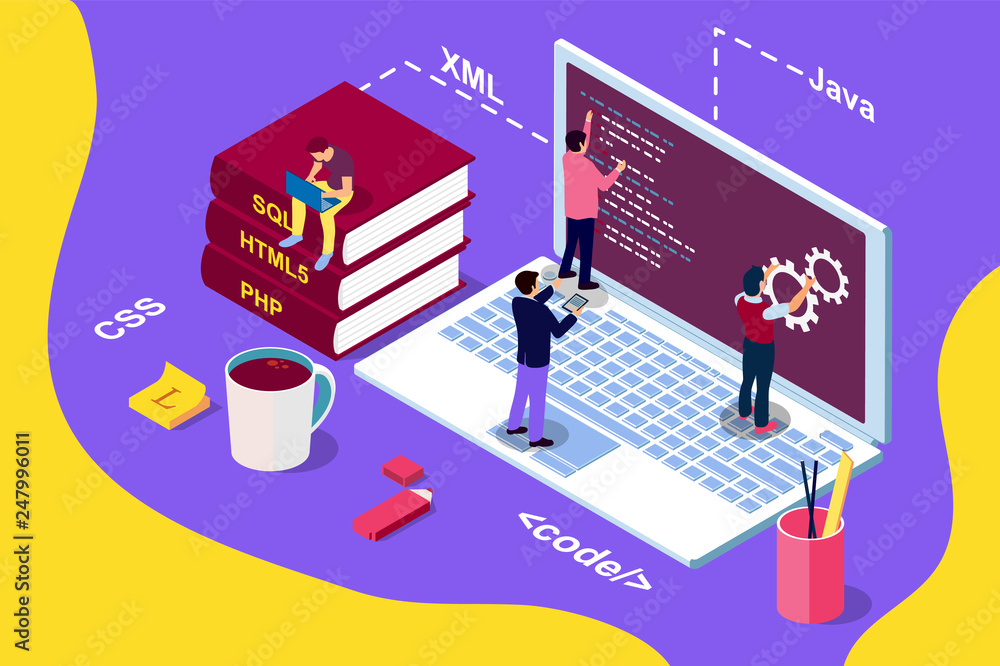 Web Development concept, programming and coding. Laptop with people. Isometric illustration for web page, banner, social media, documents, cards, posters. Web Development concept, programming and coding. Laptop with people. Isometric illustration for web page, banner, social media, documents, cards, posters.