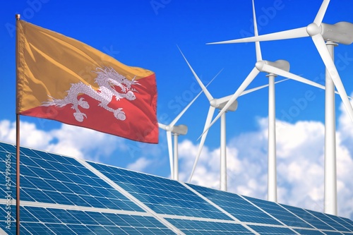 Bhutan solar and wind energy, renewable energy concept with solar panels - renewable energy against global warming - industrial illustration, 3D illustration