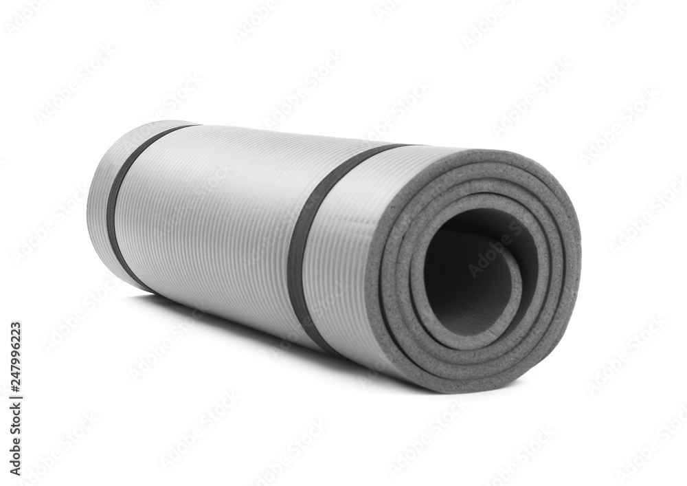 Rolled grey yoga mat on white background Rolled grey yoga mat on white background