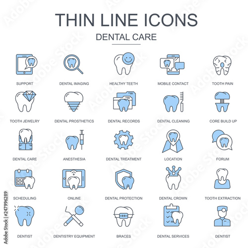 Thin line dental care, dentistry equipment icons set for website and mobile site and apps. Contains such Icons as Dentist, Braces. Flat vector illustration