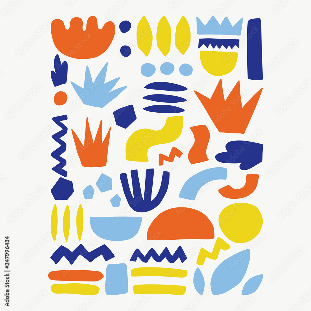 Fototapeta premium Trendy vector color abstract pieces. Paper cutouts. Hand drawn modern design for card, print on clothes.