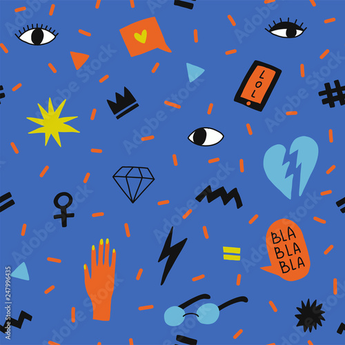 Seamless pattern with hand phrases and symbols for teenage girls.