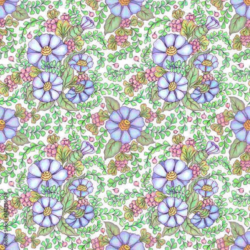 Seamless pattern of blue flowers and twigs with a berry made with colored pencils