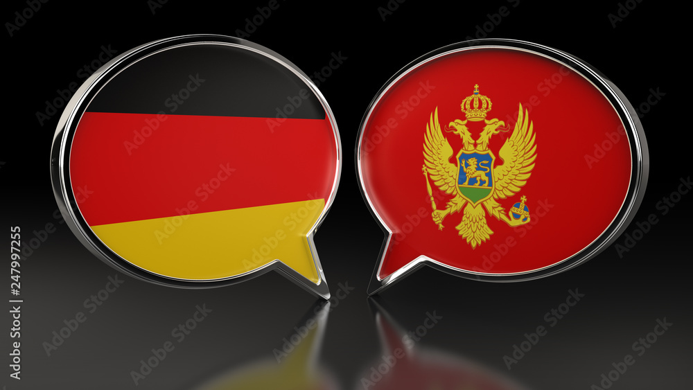 Germany and Montenegro flags with Speech Bubbles. 3D illustration Germany and Montenegro flags with Speech Bubbles. 3D illustration