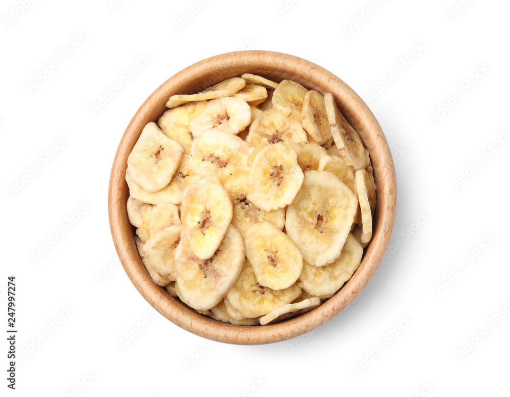 Wooden bowl with sweet banana slices on white background, top view. Dried fruit as healthy snack Wooden bowl with sweet banana slices on white background, top view. Dried fruit as healthy snack