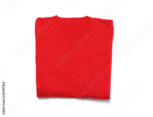 Red cashmere sweater isolated on white, top view