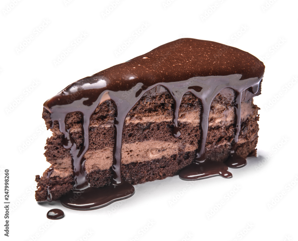 Piece of tasty chocolate cake on white background - obrazy, fototapety, plakaty 