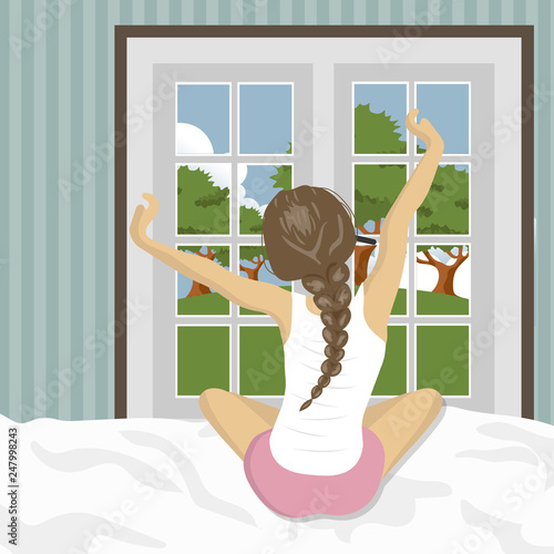 Woman stretching in bed after wake up. Concept for holidays and vacations. Summer scenery. Flat vector illustration