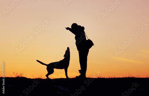 Fototapeta Naklejka Na Ścianę i Meble -  Silhouettes of man and dog on sunset background