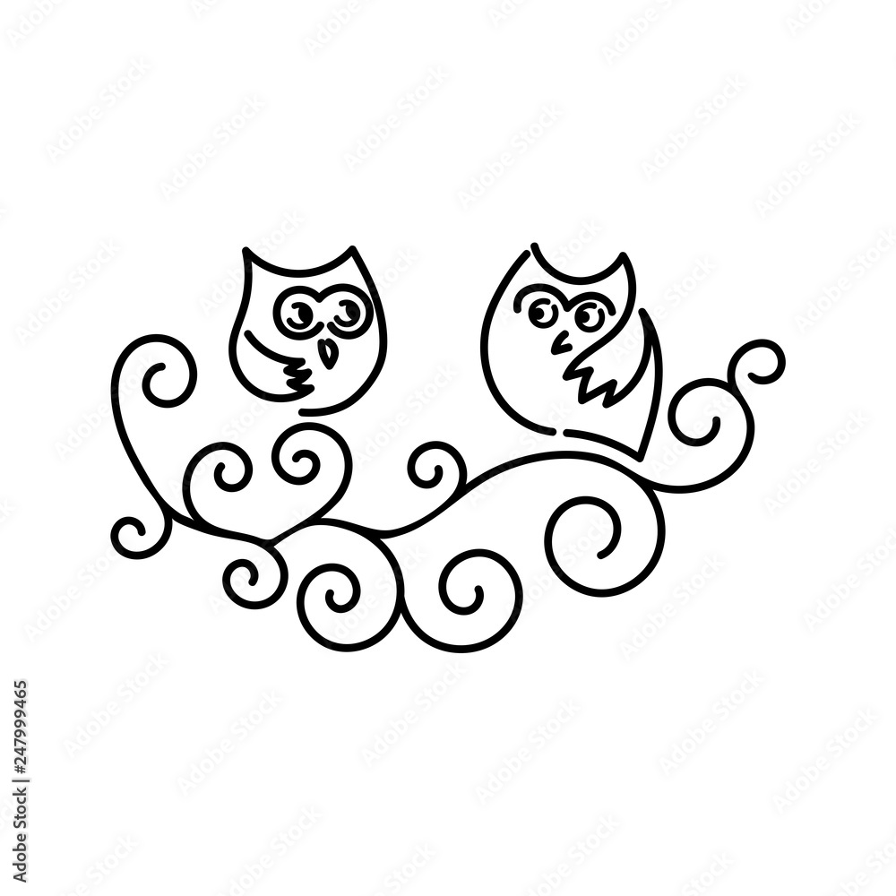Funny owls on tree branches. Hand drawn vector