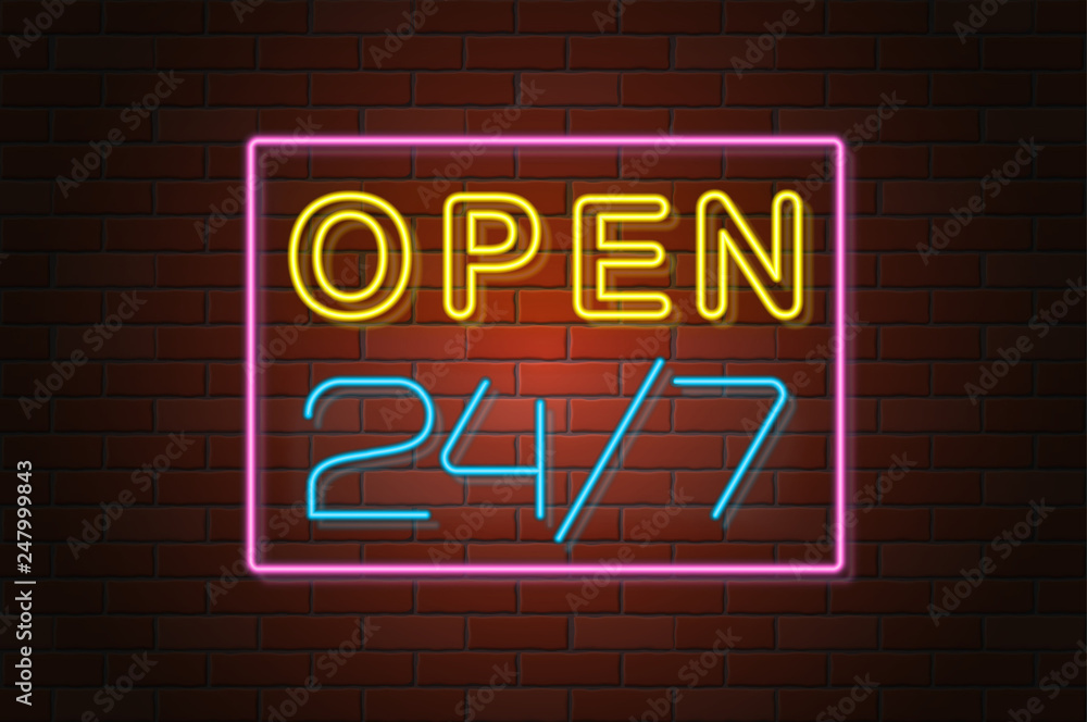 Obraz premium glowing neon signboard open vector illustration