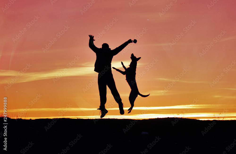 Silhouettes of man and dog on sunset background Silhouettes of man and dog on sunset background