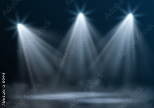 Vector realistic empty illuminated stage with three spotlights and mist on dark blue background