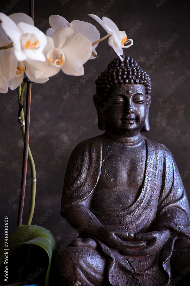 Buddha in meditation with orchid on dark background