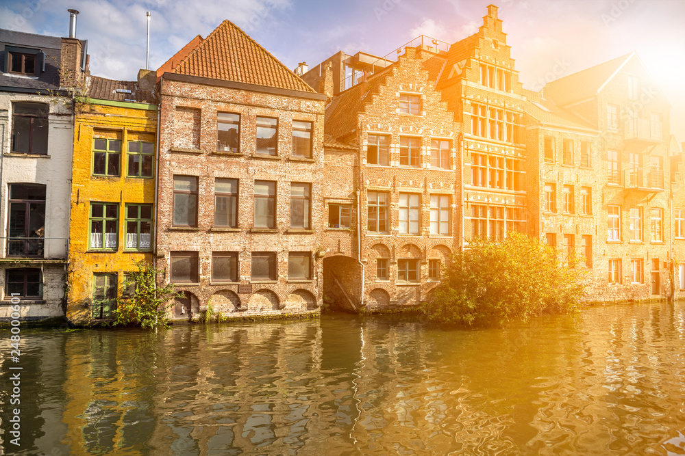 Historic buildings next to the river in the Ghent city center, Belgium