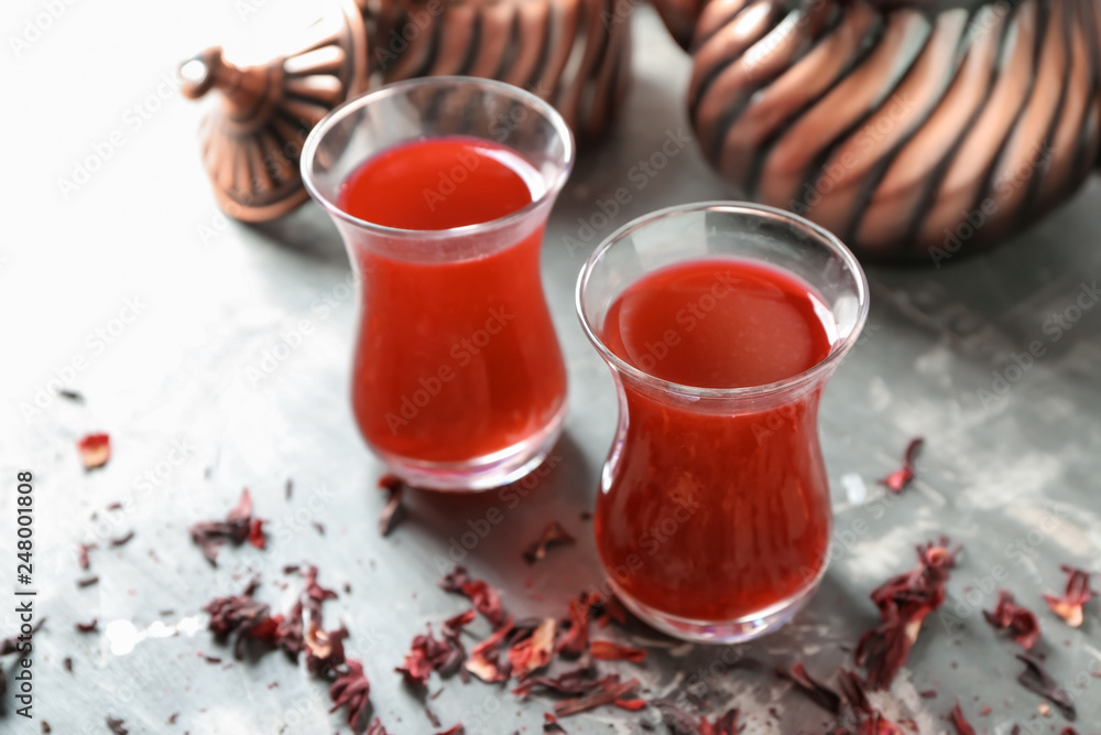 Glasses of tasty Turkish tea on table Glasses of tasty Turkish tea on table