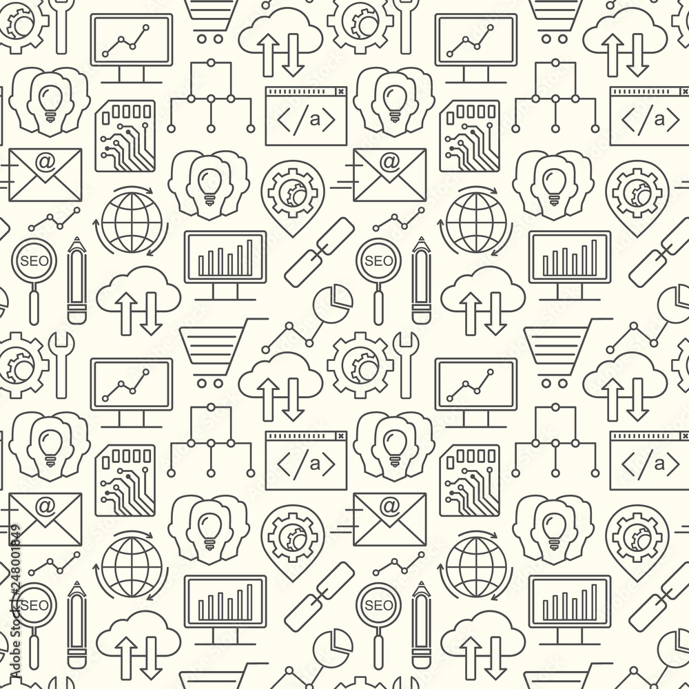 Seamless Vector SEO and development pattern with linear icons. Line style optimization and internet technology background. Seamless Vector SEO and development pattern with linear icons. Line style optimization and internet technology background.
