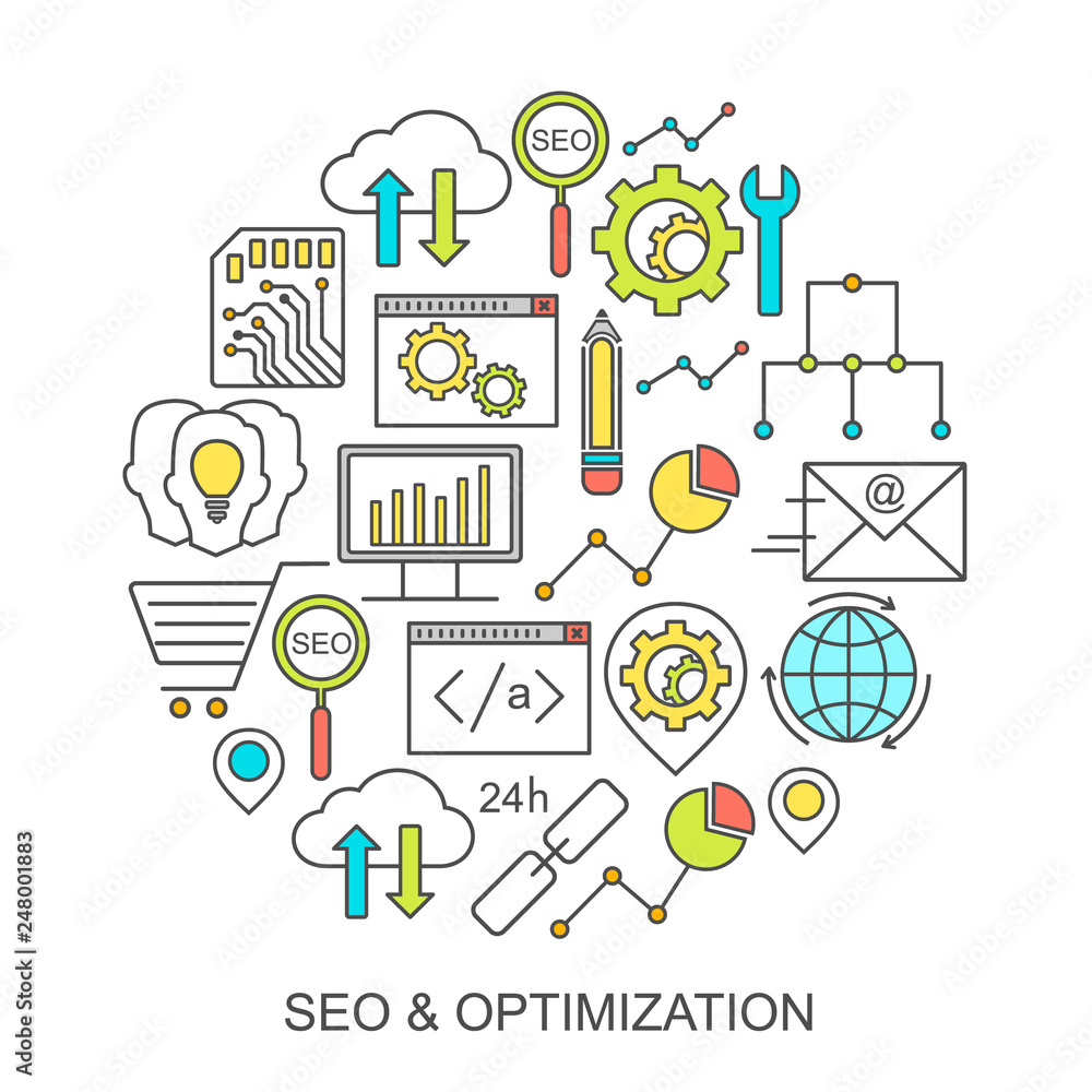 Vector SEO and development pattern with linear icons. Line style optimization and internet technology background. Vector SEO and development pattern with linear icons. Line style optimization and internet technology background.