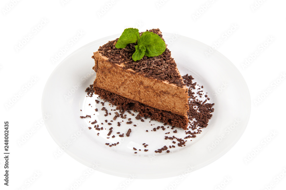 Piece of cake. Chocolate biscuit with chocolate souffle on a white plate on a white background Piece of cake. Chocolate biscuit with chocolate souffle on a white plate on a white background