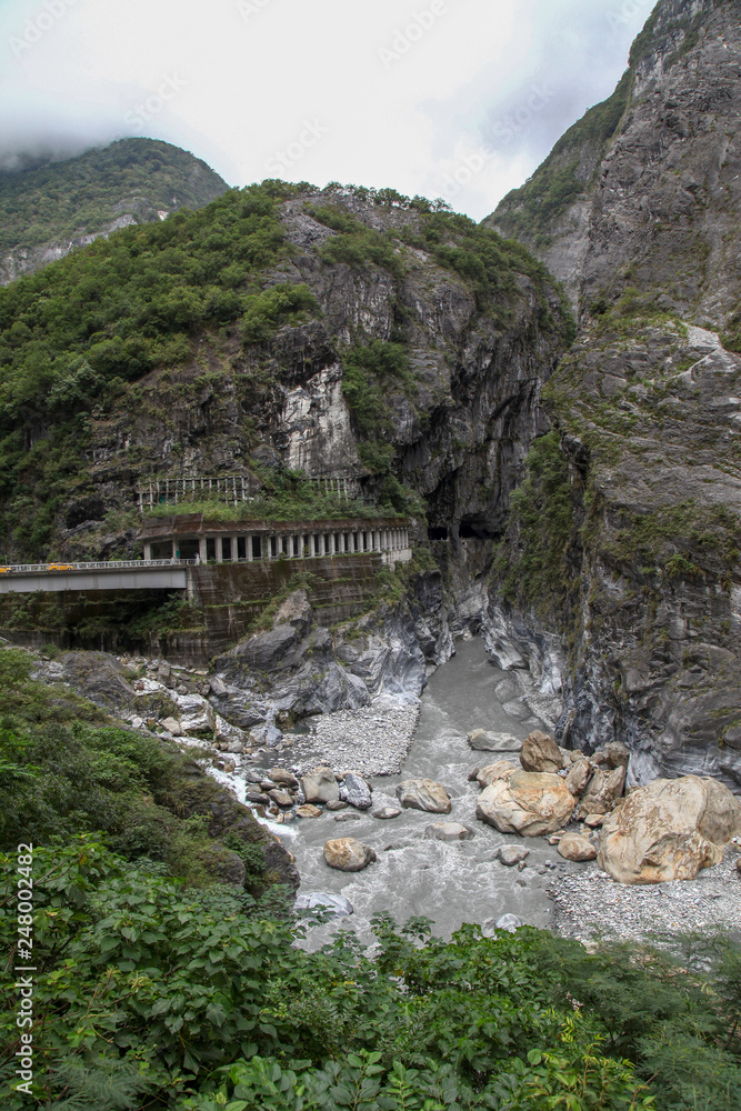 Dark river in taroko national park after rain storm in taiwan.
