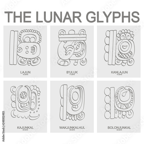 vector icon set with moon period and associated glyphs 
