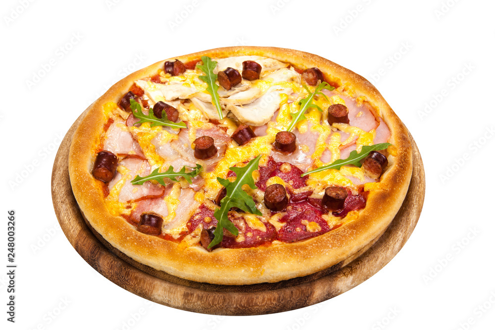 Classic fresh Italian Pizza with meat (Cheese, mozzarella,parmesan, salmon, bacon, pork, meat, sausage, salami and chicken)on wooden board isolated on white background