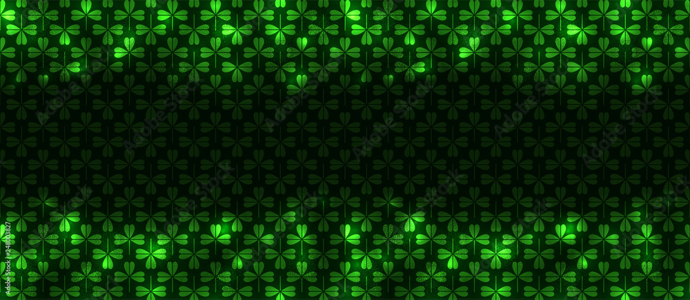 Patrick night seamless pattern, great design for any purposes. Irish holiday vector neon abstract background. Seamless border. Glow light effect. Banner background. Irish green holiday party.