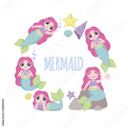 Set of beautiful mermaids with pink hair. Lol dolls. Vector illustrations.