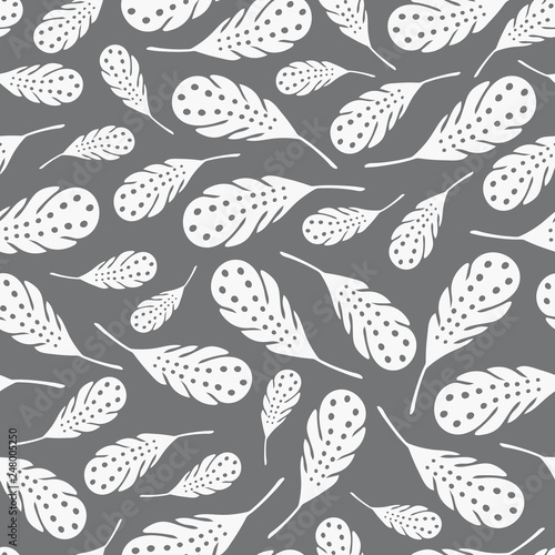 Vector tossed white feathers seamless repeat pattern background.