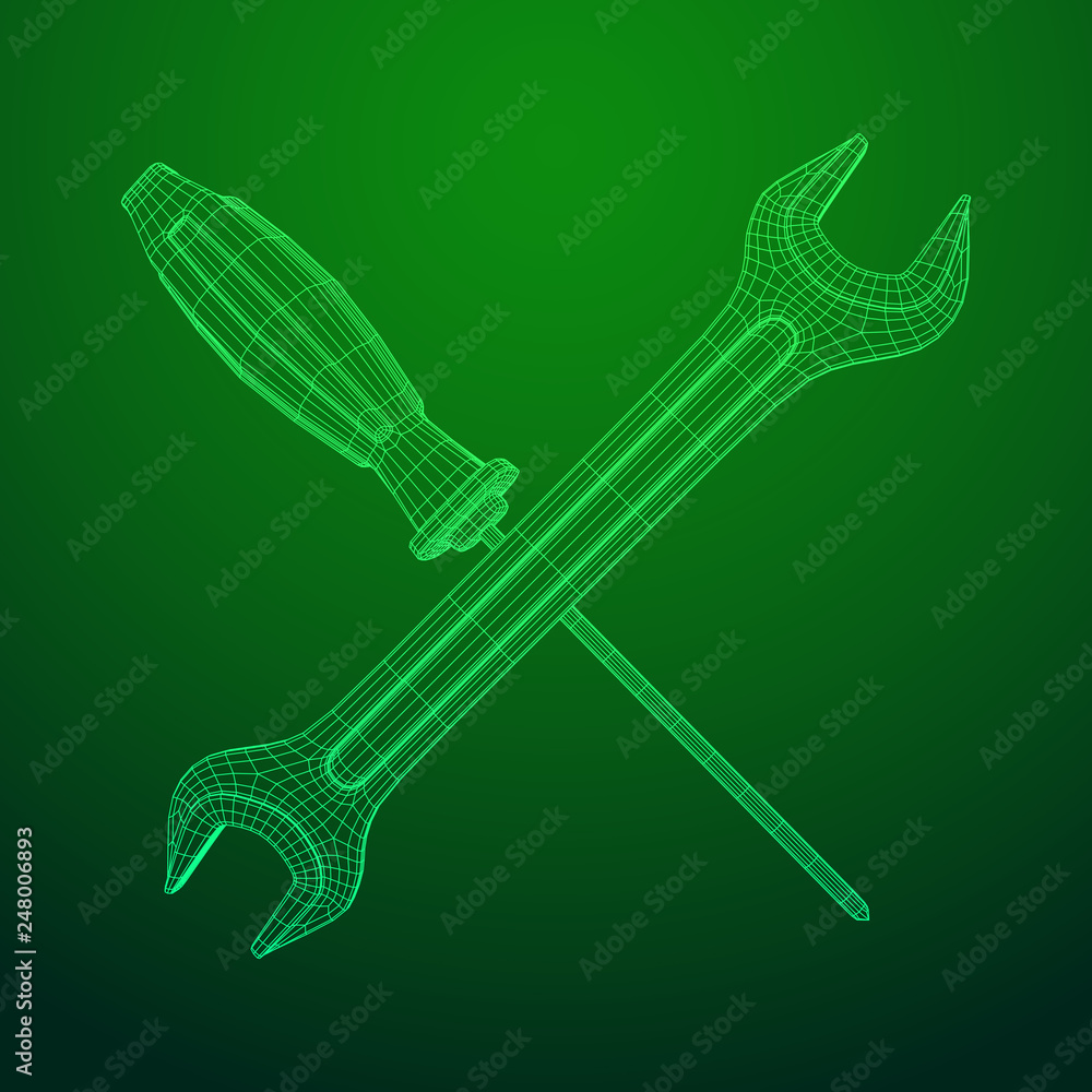 Wrench and screwdriver. Spanner repair tool. Mechanic or engineer instruments. Support service wireframe low poly mesh vector illustration Wrench and screwdriver. Spanner repair tool. Mechanic or engineer instruments. Support service wireframe low poly mesh vector illustration