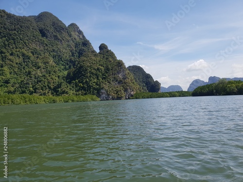 Wonderful mountainous landscape at a kayak trip into the mangrove forest in Ao Thalaine in Krabi in Thailand, Asia