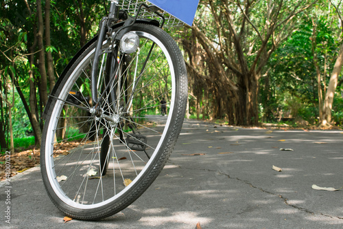 Bicycle travel in community forest, Low long shot of bicycle park on road in public park.