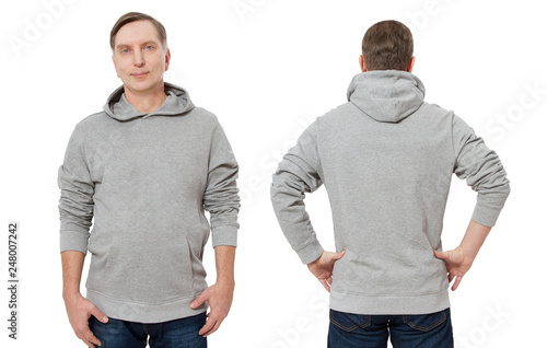 Middle age man in gray sweatshirt template isolated. Male sweatshirts set with mockup and copy space. Sweat shirt design front and back view.