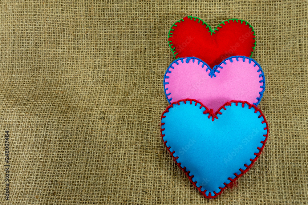 Hand stitched pink and blue foam sheet toy hearts Hand stitched pink and blue foam sheet toy hearts