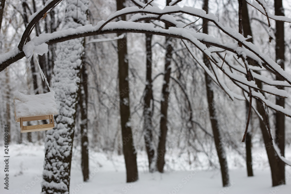 Fototapeta premium snow covered bird feeder in the park