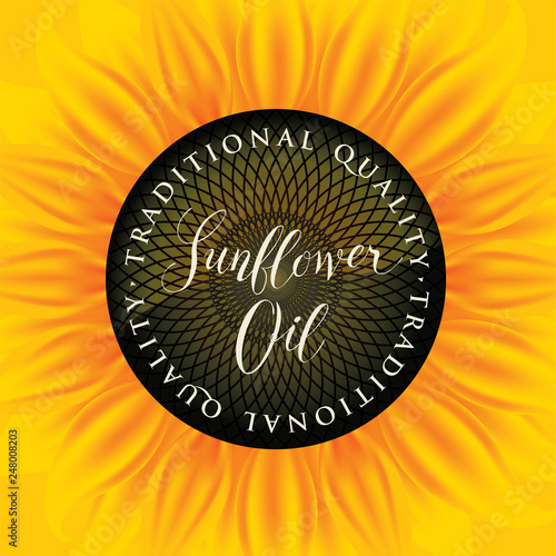 Square vector banner or label for sunflower oil in the form of sunflower close-up with handwritten inscription
