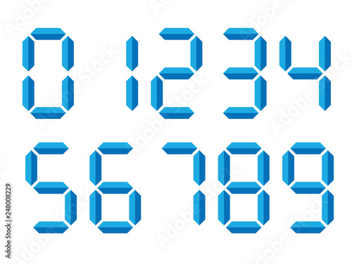 Blue 3D-like digital numbers. Seven-segment display is used in calculators, digital clocks or electronic meters. Vector illustration