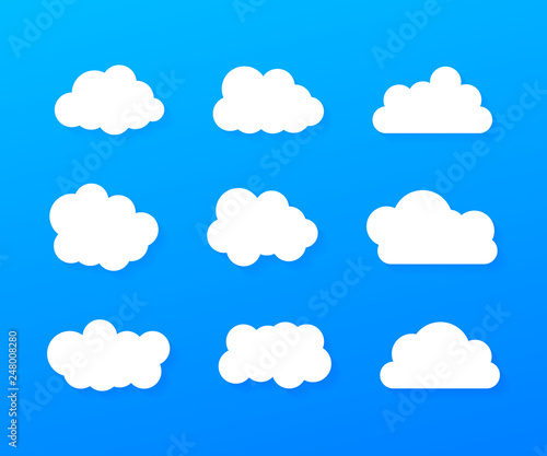 Set of blue sky, clouds. Cloud icon, cloud shape. Set of different clouds. Collection of cloud icon. Vector illustration. © DG-Studio