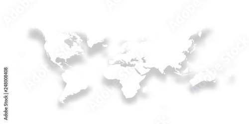 Map of World. Simple bright white silhouette with dropped shadow isolated on white background. Vector illustration